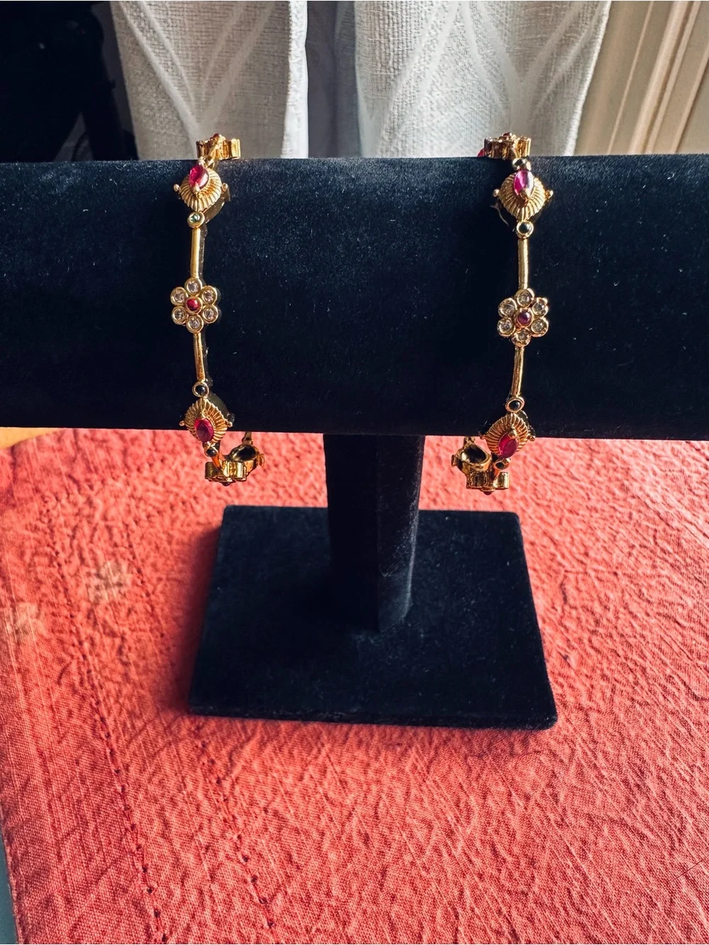 Gold-Tone Pink Floral Bangles for size 2.4/2.6 wrist Anti tarnish